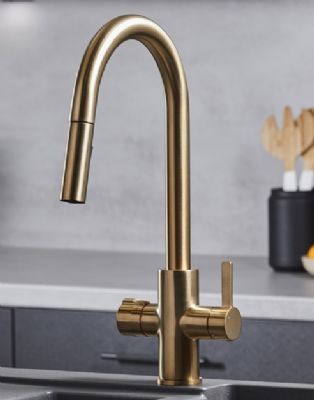 EVO PLATINUM/450 SERIES 4 IN 1 BRUSHED GOLD BOILING WATER MONO DUAL LEVER SWAN NECK PULL-OUT KITCHEN SINK MIXER TAP with SWIVEL SPOUT, BWT455BG